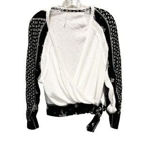 Free People Sweater White Black Floral Sleeves SZ Small Side Tie Pullover